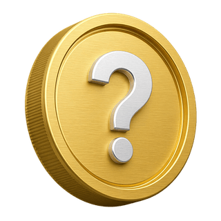 Pièce dorée en 3D, décorative, portant un point d'interrogation, sur la page FAQ